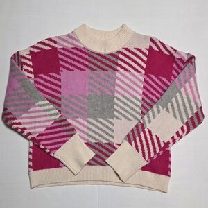 THML Ivory Pink Gray Sweater Large Plaid Check Pullover Small Cabincore Cozy